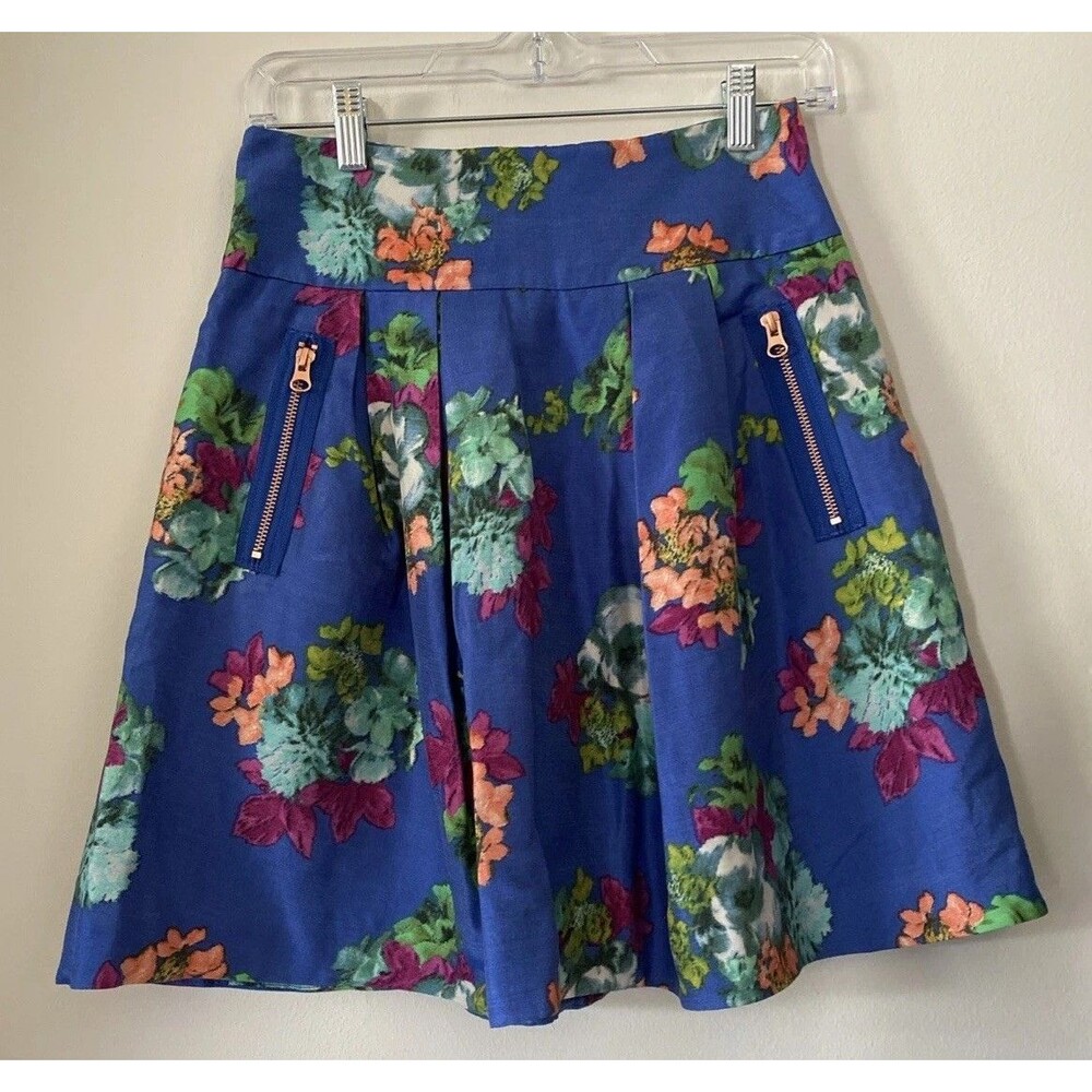 Maeve Floral A-Line Skirt Blue Pleated Anthropologie Rose Gold Zip Sz 2 Silk (H